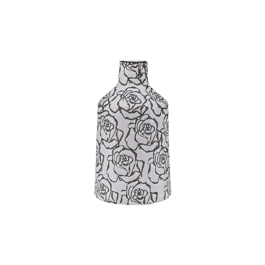 Elegant Floral Pattern Ceramic Vase with Black Rose Design**